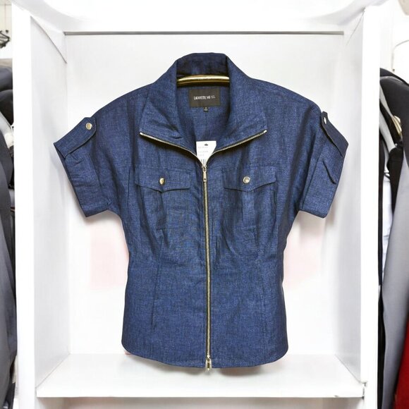 Lafayette 148 New York Navy Linen Short Sleeved Zip Jacket - Picture 1 of 8